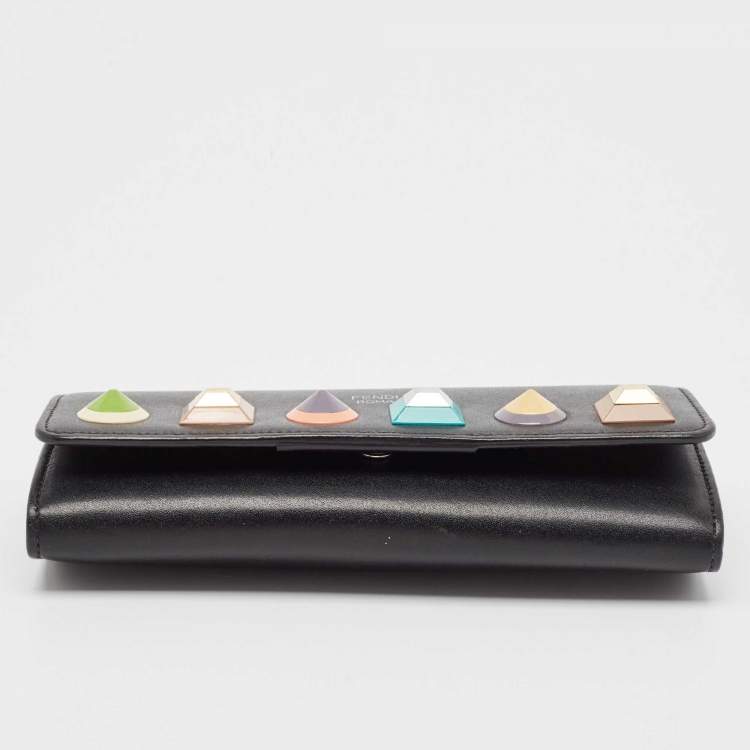 Pre Owned Fendi Black Leather Rainbow Stud Flap Wallet on Chain