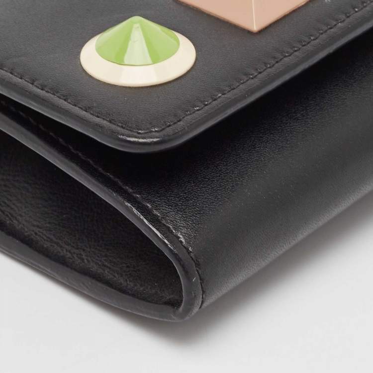 Pre Owned Fendi Black Leather Rainbow Stud Flap Wallet on Chain