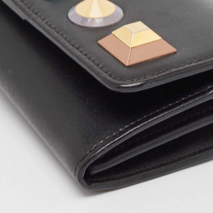 Pre Owned Fendi Black Leather Rainbow Stud Flap Wallet on Chain