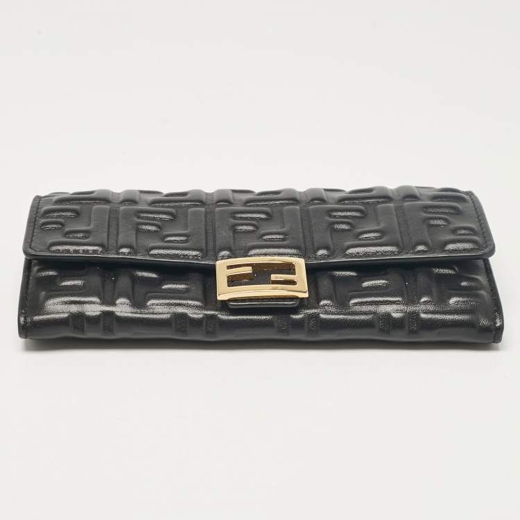 Pre Owned Fendi Black FF Leather Baguette Continental Chain Wallet