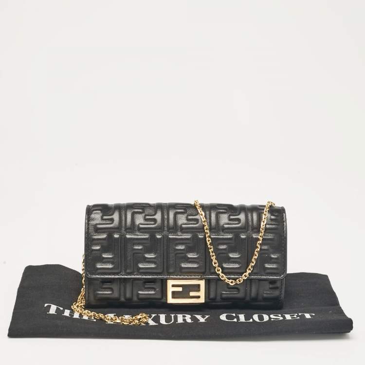 Pre Owned Fendi Black FF Leather Baguette Continental Chain Wallet