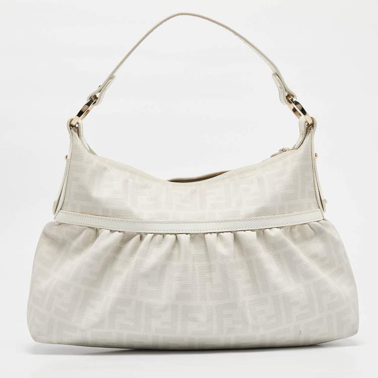 Pre Owned Fendi White Zucca Coated Canvas and Leather Chef Shoulder Bag