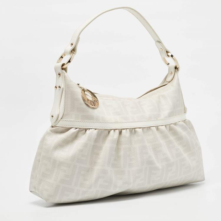 Pre Owned Fendi White Zucca Coated Canvas and Leather Chef Shoulder Bag