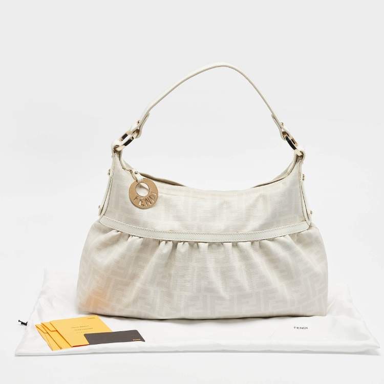 Pre Owned Fendi White Zucca Coated Canvas and Leather Chef Shoulder Bag