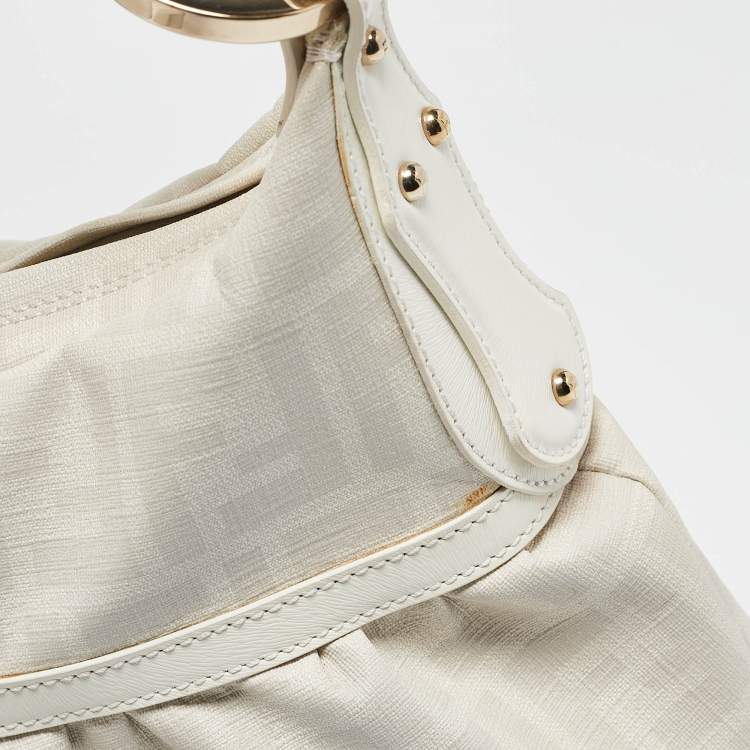 Pre Owned Fendi White Zucca Coated Canvas and Leather Chef Shoulder Bag