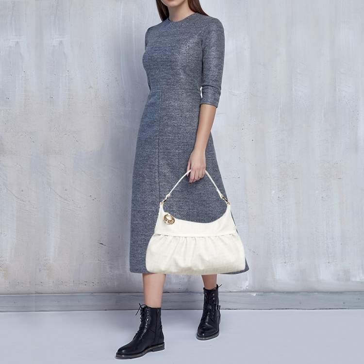 Pre Owned Fendi White Zucca Coated Canvas and Leather Chef Shoulder Bag