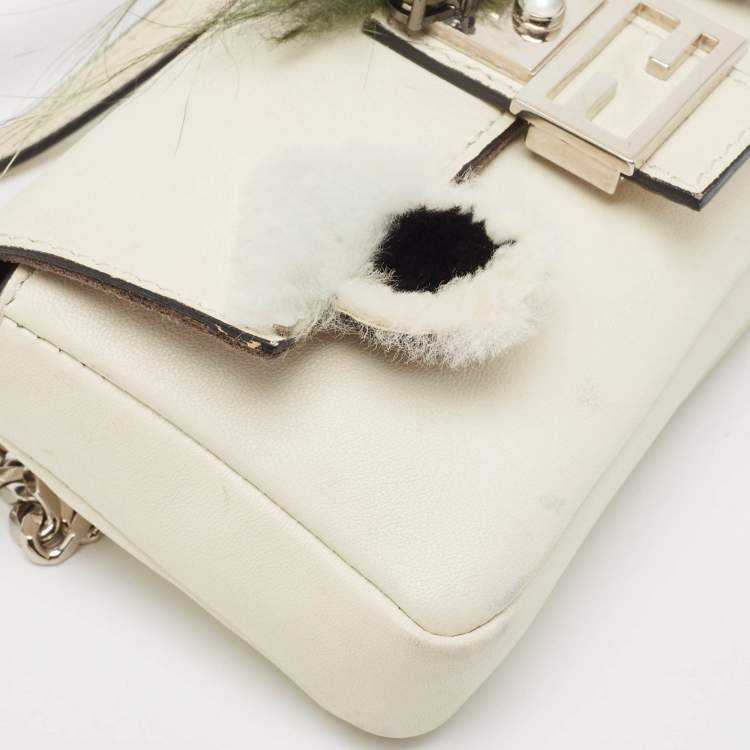 Pre Owned Fendi White Leather and Fur Trim Micro Buggie Baguette Crossbody Bag