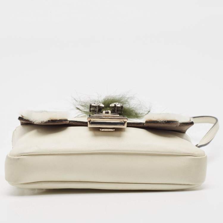 Pre Owned Fendi White Leather and Fur Trim Micro Buggie Baguette Crossbody Bag