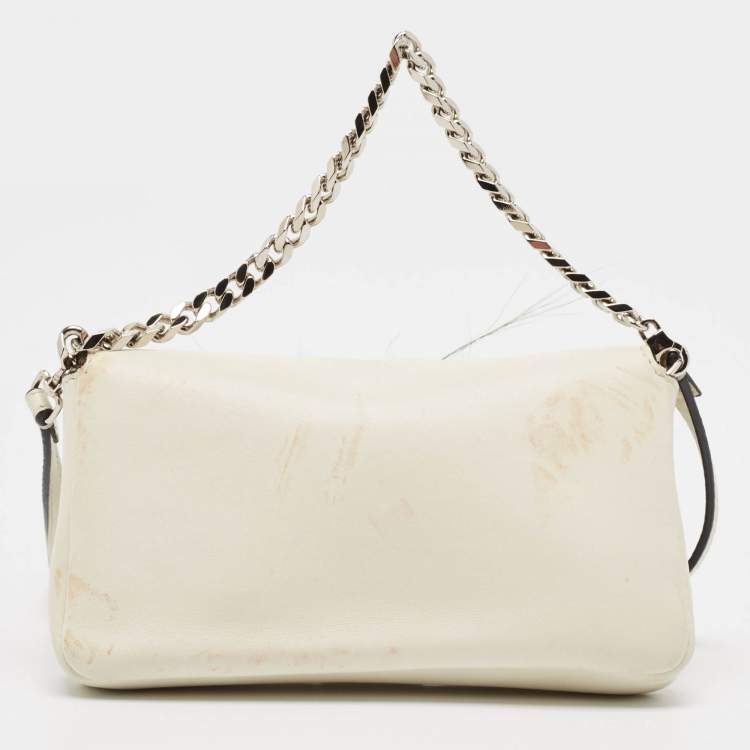 Pre Owned Fendi White Leather and Fur Trim Micro Buggie Baguette Crossbody Bag