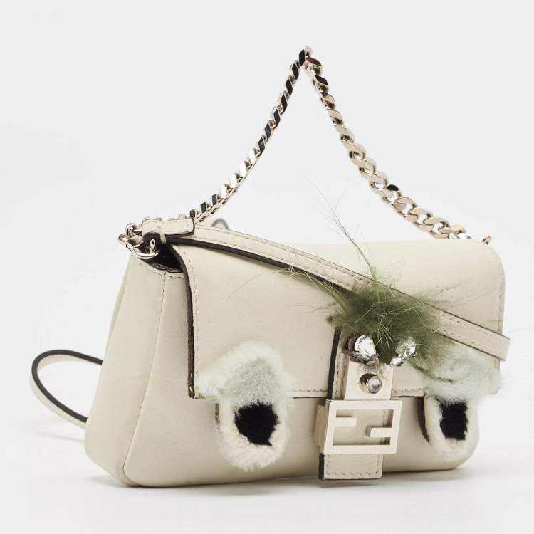 Pre Owned Fendi White Leather and Fur Trim Micro Buggie Baguette Crossbody Bag