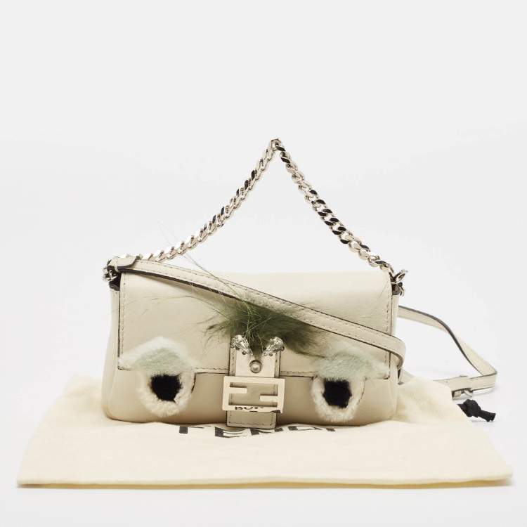 Pre Owned Fendi White Leather and Fur Trim Micro Buggie Baguette Crossbody Bag