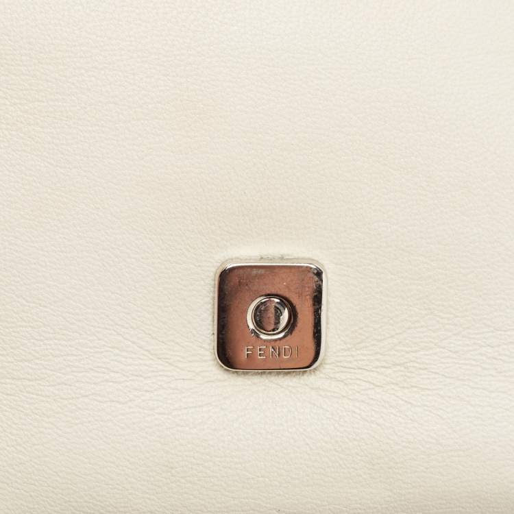 Pre Owned Fendi White Leather and Fur Trim Micro Buggie Baguette Crossbody Bag