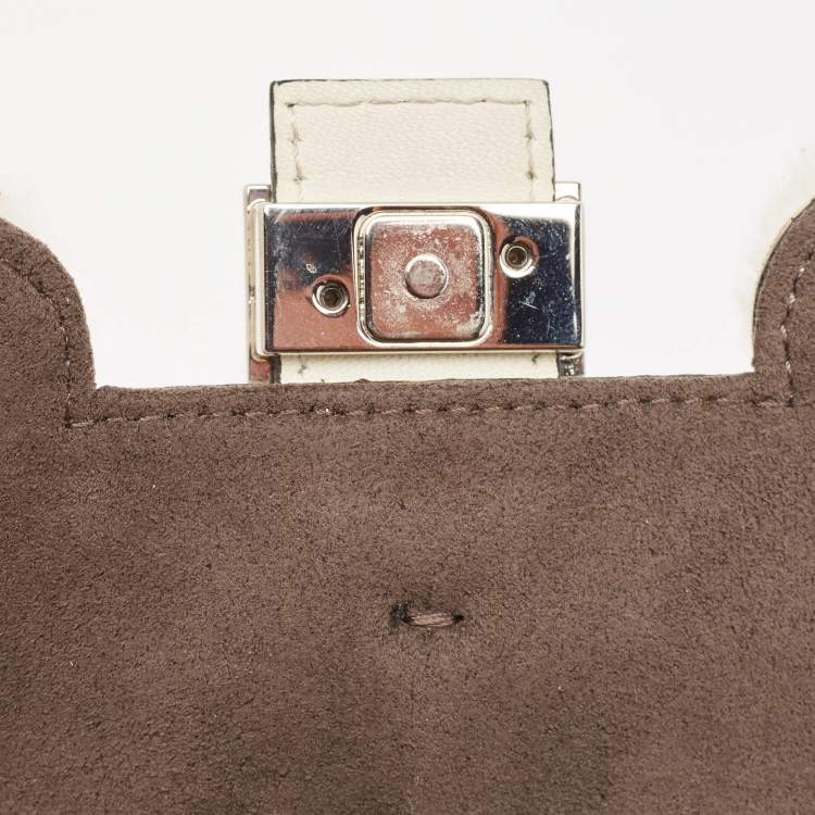 Pre Owned Fendi White Leather and Fur Trim Micro Buggie Baguette Crossbody Bag