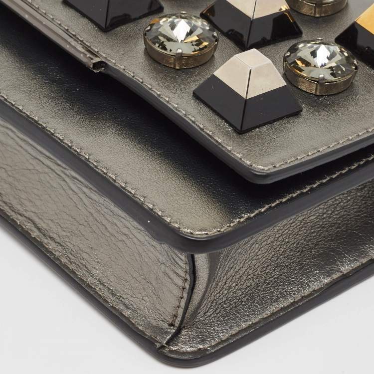 Pre Owned Fendi Metallic Dark Grey Leather Crystal Stud Tube Wallet On Chain
