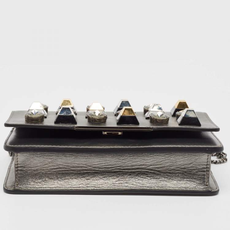 Pre Owned Fendi Metallic Dark Grey Leather Crystal Stud Tube Wallet On Chain