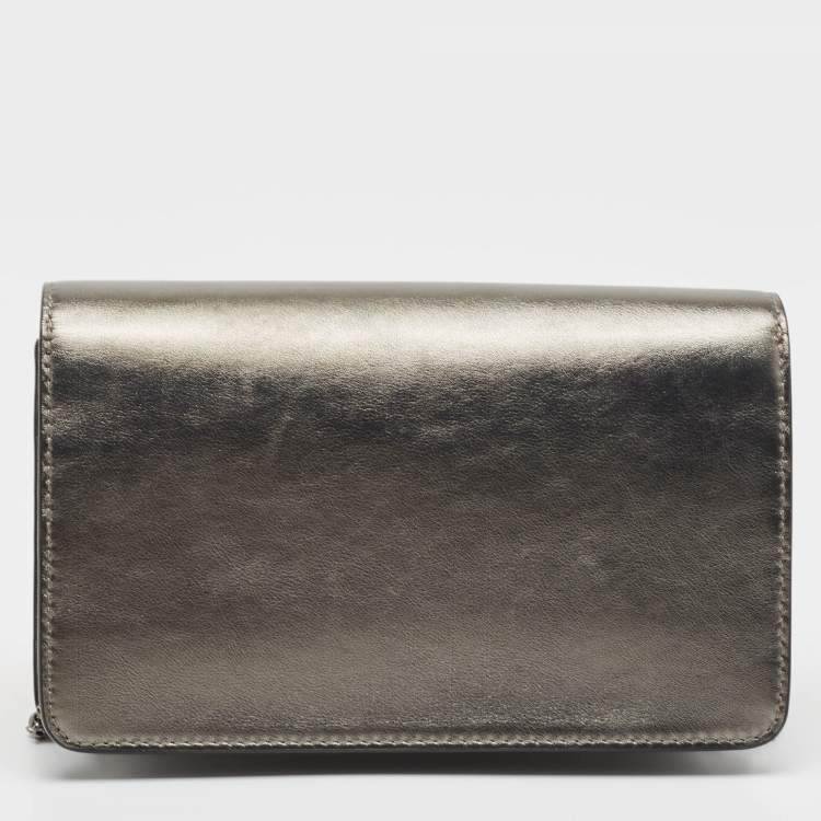 Pre Owned Fendi Metallic Dark Grey Leather Crystal Stud Tube Wallet On Chain