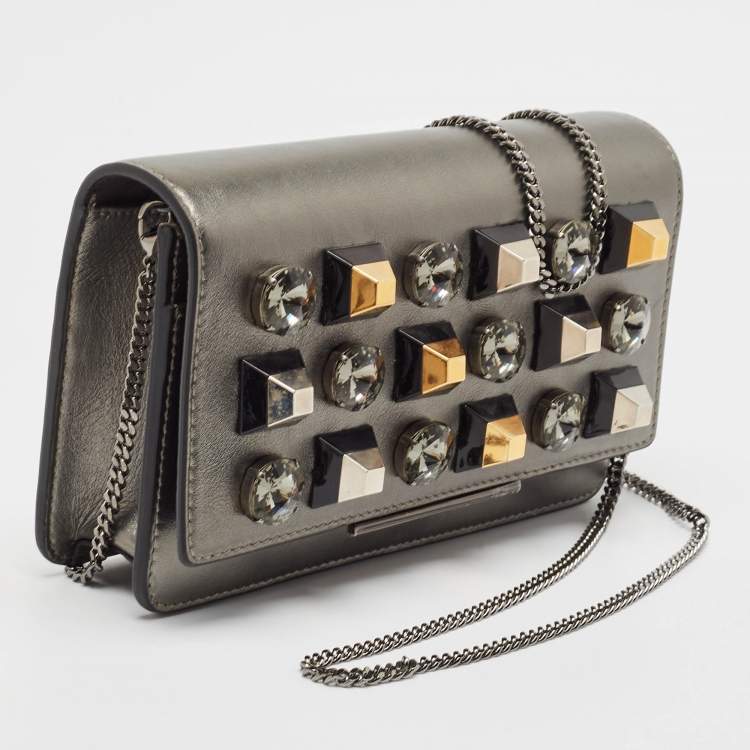 Pre Owned Fendi Metallic Dark Grey Leather Crystal Stud Tube Wallet On Chain