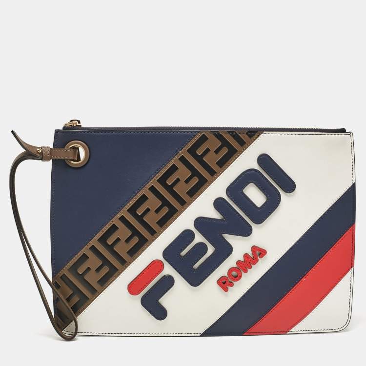 Pre Owned Fendi X Fila Multicolor Leather Logo Mania Wristlet Pouch