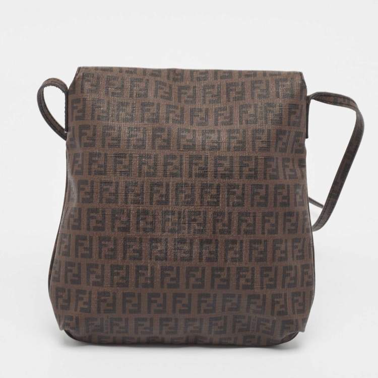 Pre Owned Fendi Tobacco Zucchino Coated Canvas Flap Messenger Bag