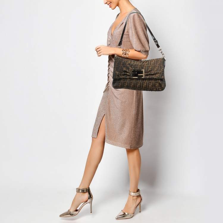 Pre Owned Fendi Tobacco Zucca Canvas and Patent Leather Large Mia Flap Bag