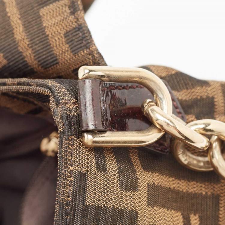 Pre Owned Fendi Tobacco Zucca Canvas and Patent Leather Large Mia Flap Bag
