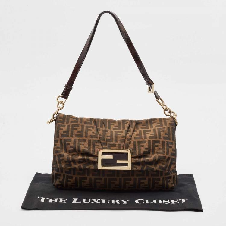 Pre Owned Fendi Tobacco Zucca Canvas and Patent Leather Large Mia Flap Bag