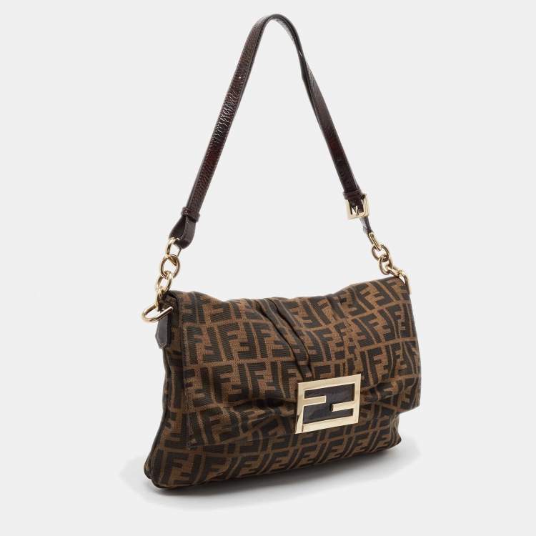 Pre Owned Fendi Tobacco Zucca Canvas and Patent Leather Large Mia Flap Bag