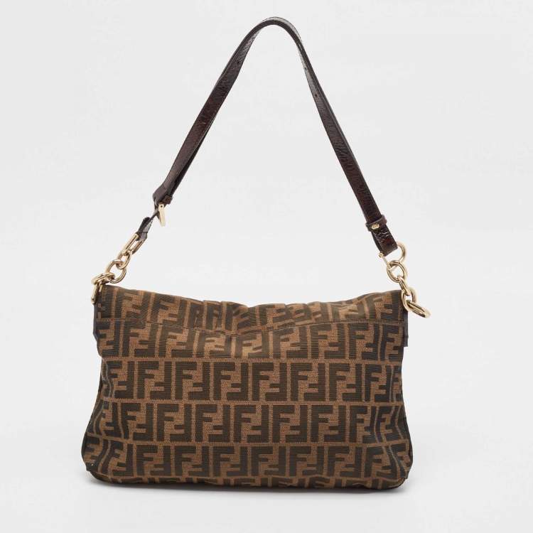 Pre Owned Fendi Tobacco Zucca Canvas and Patent Leather Large Mia Flap Bag