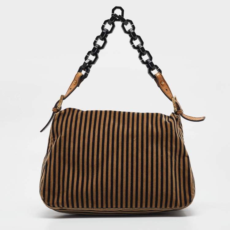Pre Owned Fendi Brown/Black Stripe Velvet and Leather Mama Shoulder Bag