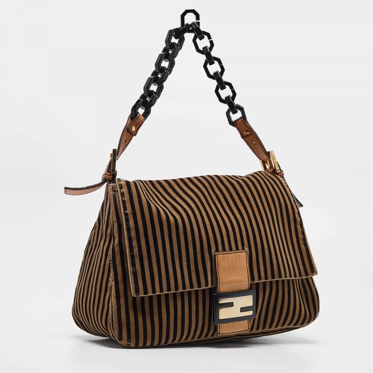 Pre Owned Fendi Brown/Black Stripe Velvet and Leather Mama Shoulder Bag