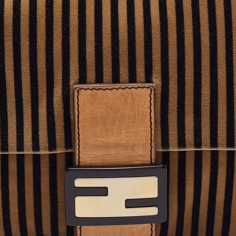 Pre Owned Fendi Brown/Black Stripe Velvet and Leather Mama Shoulder Bag