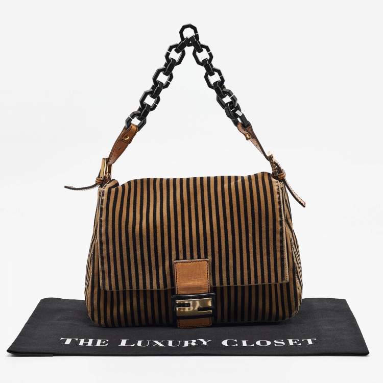 Pre Owned Fendi Brown/Black Stripe Velvet and Leather Mama Shoulder Bag