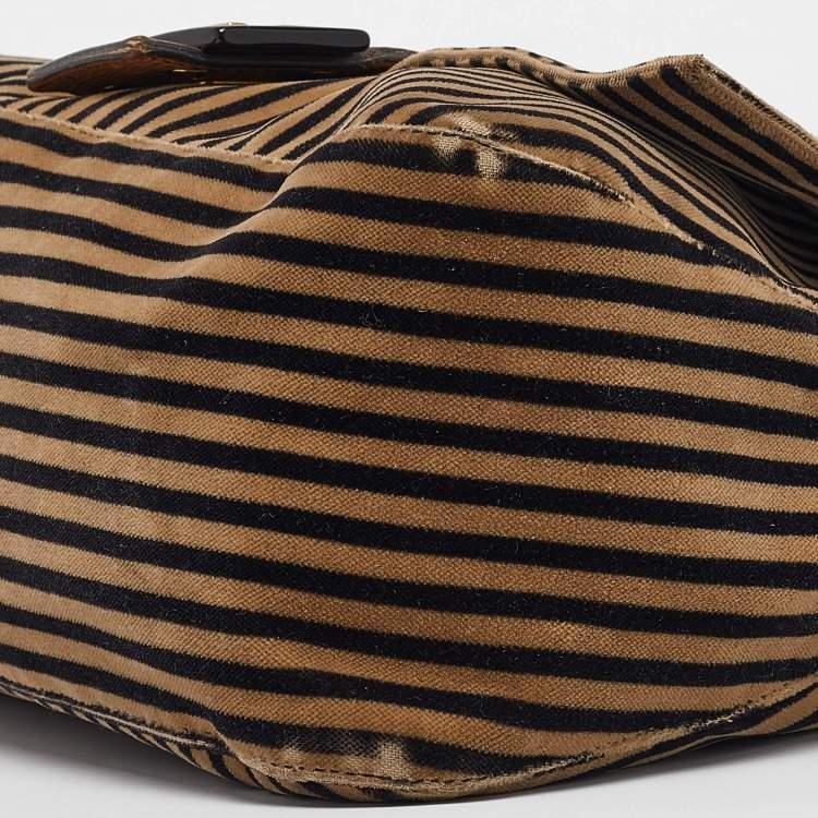 Pre Owned Fendi Brown/Black Stripe Velvet and Leather Mama Shoulder Bag