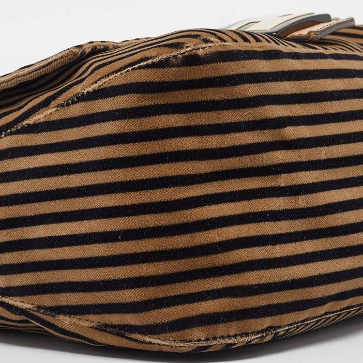 Pre Owned Fendi Brown/Black Stripe Velvet and Leather Mama Shoulder Bag