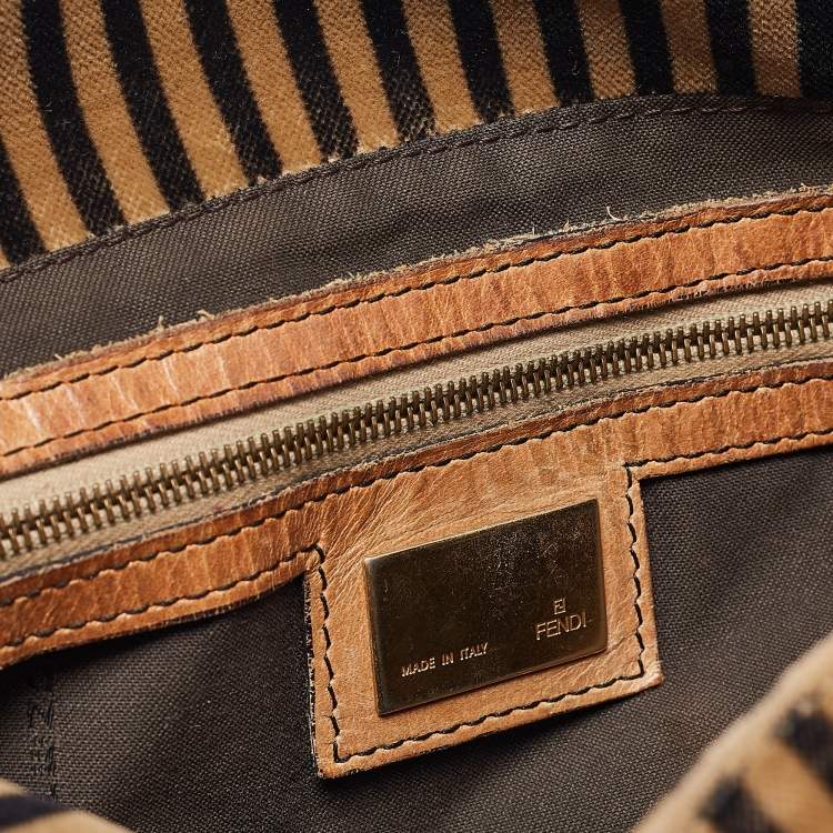 Pre Owned Fendi Brown/Black Stripe Velvet and Leather Mama Shoulder Bag