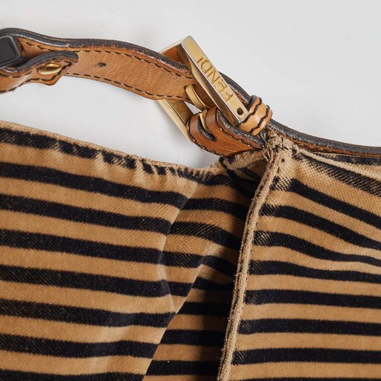 Pre Owned Fendi Brown/Black Stripe Velvet and Leather Mama Shoulder Bag