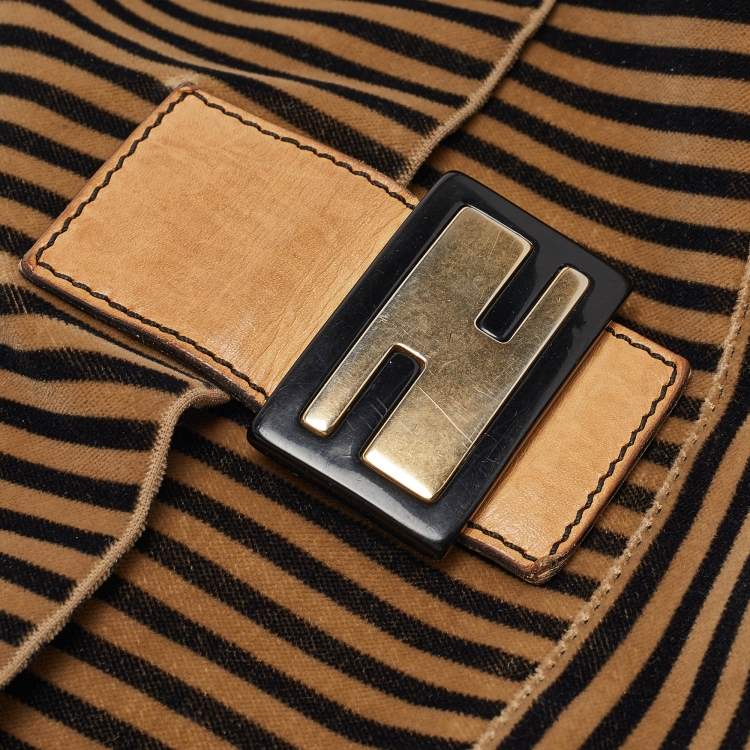 Pre Owned Fendi Brown/Black Stripe Velvet and Leather Mama Shoulder Bag