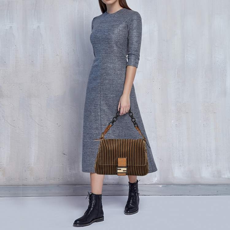 Pre Owned Fendi Brown/Black Stripe Velvet and Leather Mama Shoulder Bag