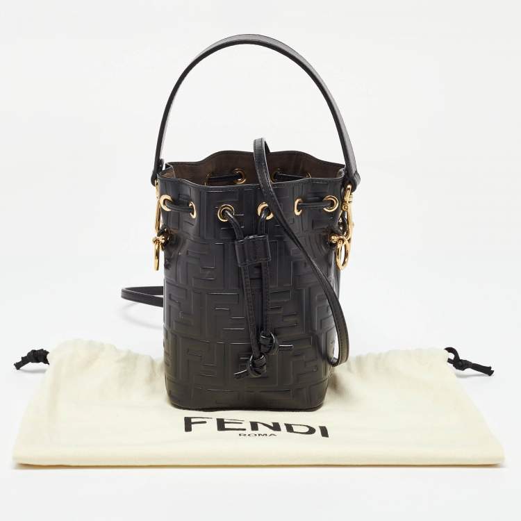 Pre Owned Fendi Black Zucca Leather Mini Mon Tresor Drawstring Bucket Bag