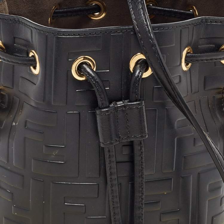 Pre Owned Fendi Black Zucca Leather Mini Mon Tresor Drawstring Bucket Bag