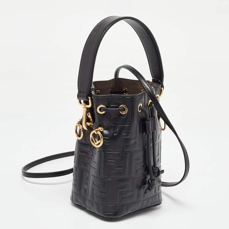Pre Owned Fendi Black Zucca Leather Mini Mon Tresor Drawstring Bucket Bag