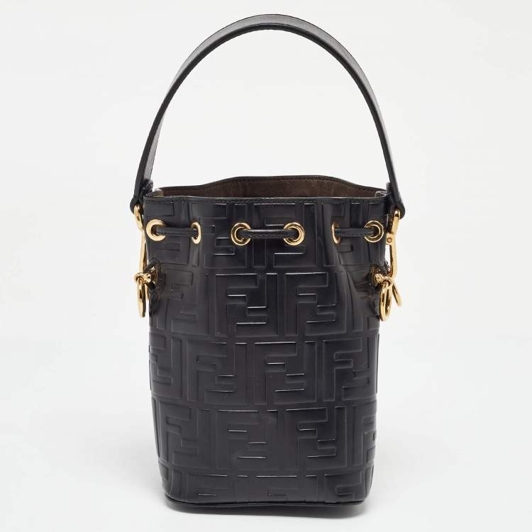 Pre Owned Fendi Black Zucca Leather Mini Mon Tresor Drawstring Bucket Bag