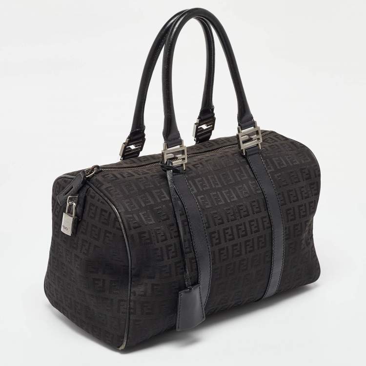 Pre Owned Fendi Black Zucchino Canvas and Leather Forever Bauletto Boston Bag