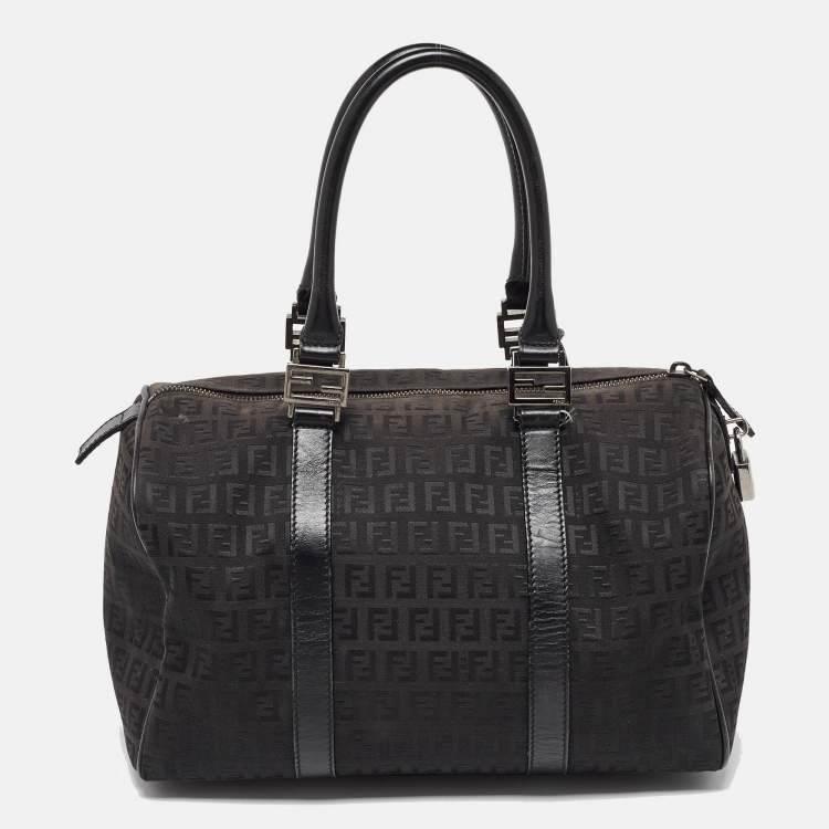 Pre Owned Fendi Black Zucchino Canvas and Leather Forever Bauletto Boston Bag