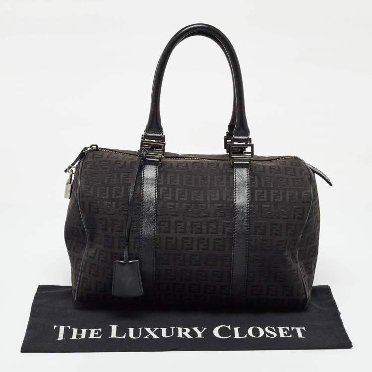 Pre Owned Fendi Black Zucchino Canvas and Leather Forever Bauletto Boston Bag