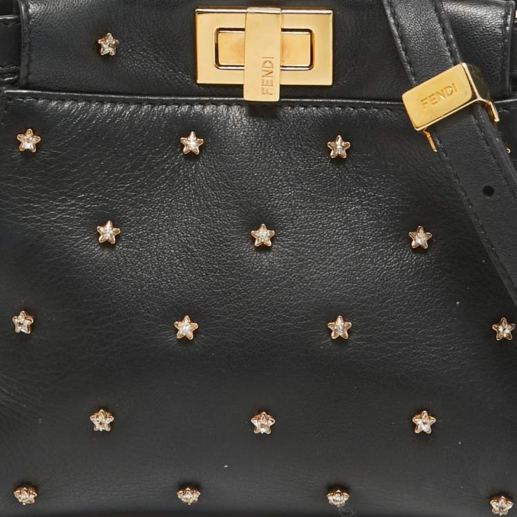 Pre Owned Fendi Black Leather Extra Small Crystal Peekaboo Top Handle Bag