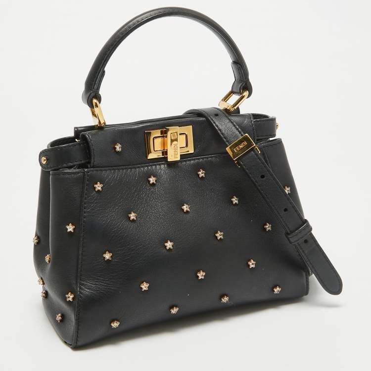 Pre Owned Fendi Black Leather Extra Small Crystal Peekaboo Top Handle Bag