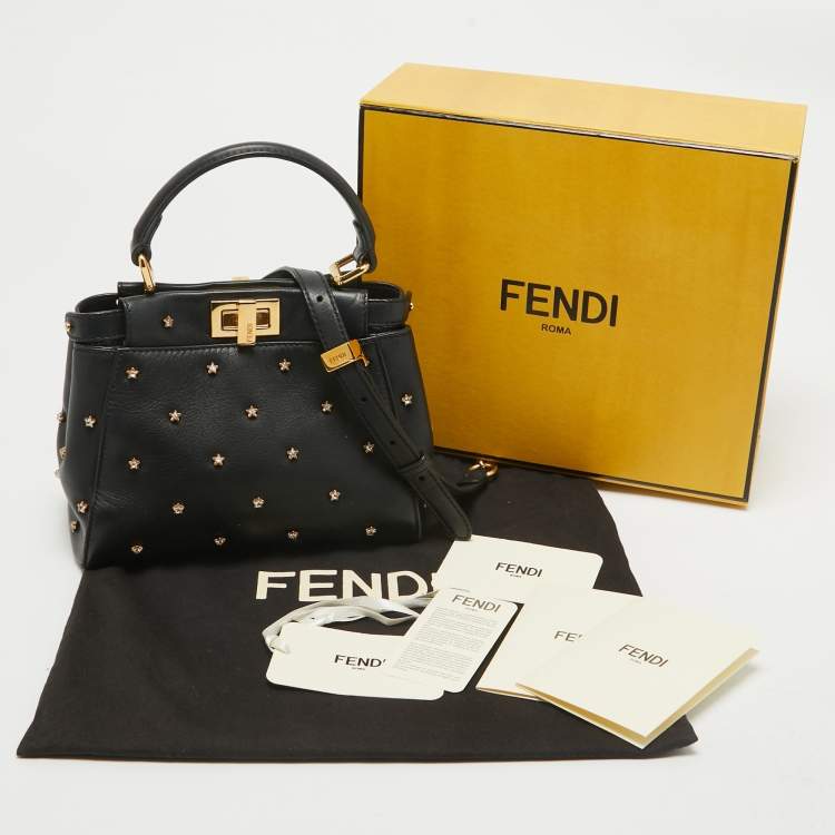 Pre Owned Fendi Black Leather Extra Small Crystal Peekaboo Top Handle Bag