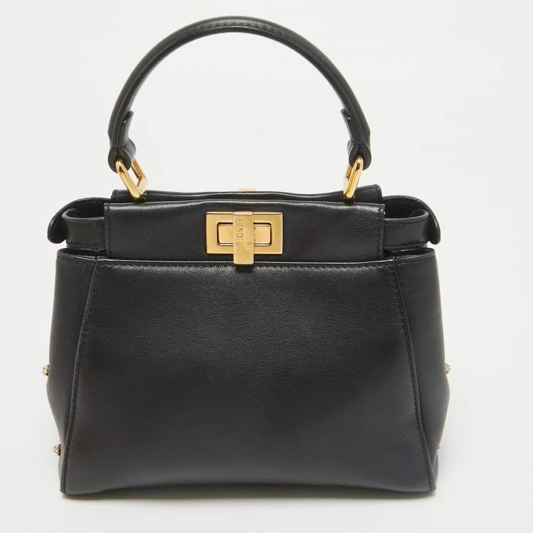 Pre Owned Fendi Black Leather Extra Small Crystal Peekaboo Top Handle Bag