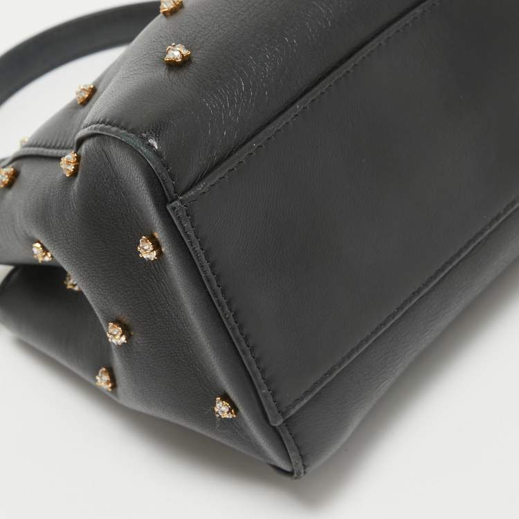 Pre Owned Fendi Black Leather Extra Small Crystal Peekaboo Top Handle Bag